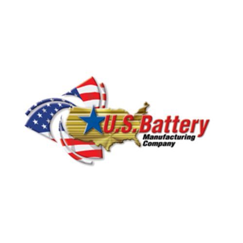 Logo: U.S. Battery Manufacturing Company. Gold US map with a blue star, American flag graphics, and red text.