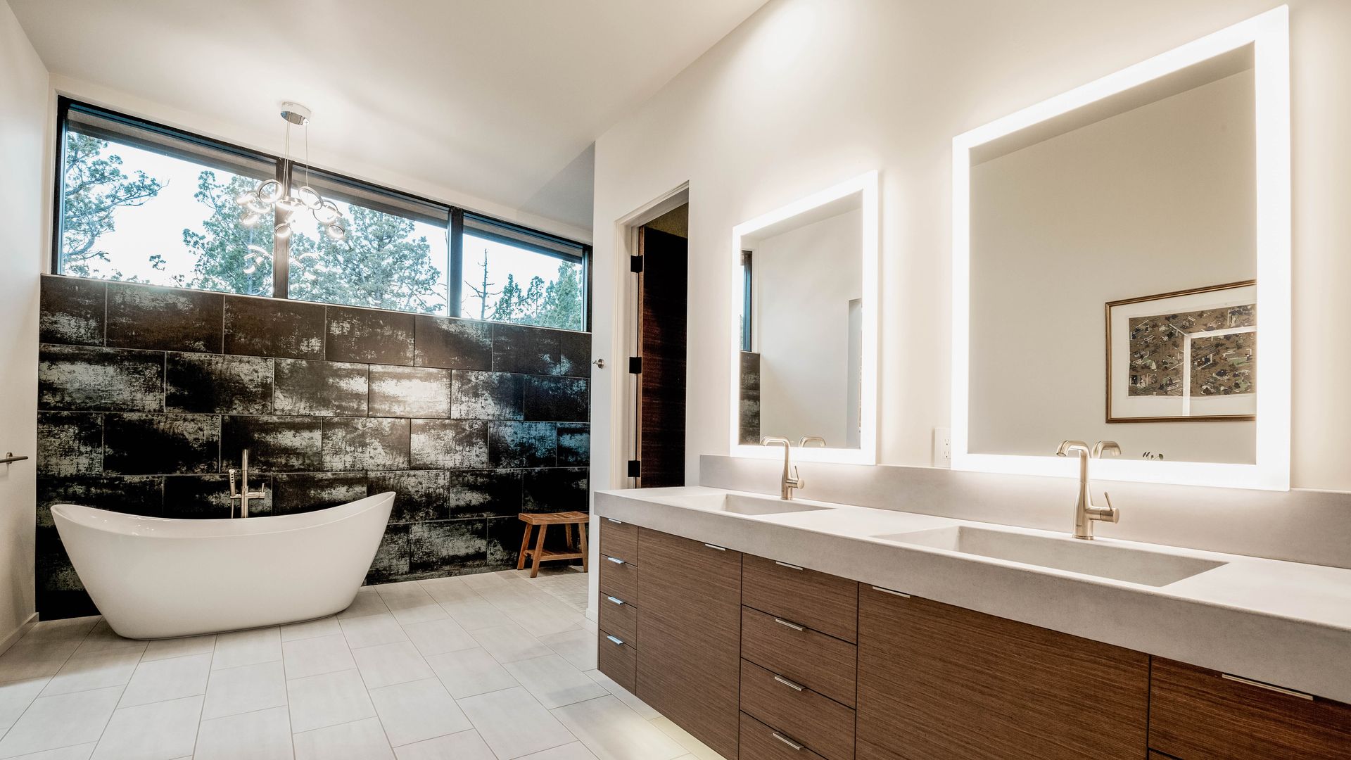image of a bathroom with vanity and modern soaking tub