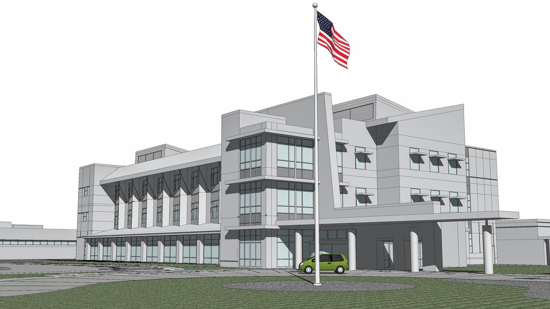 a rendering of a building with an american flag flying in front of it