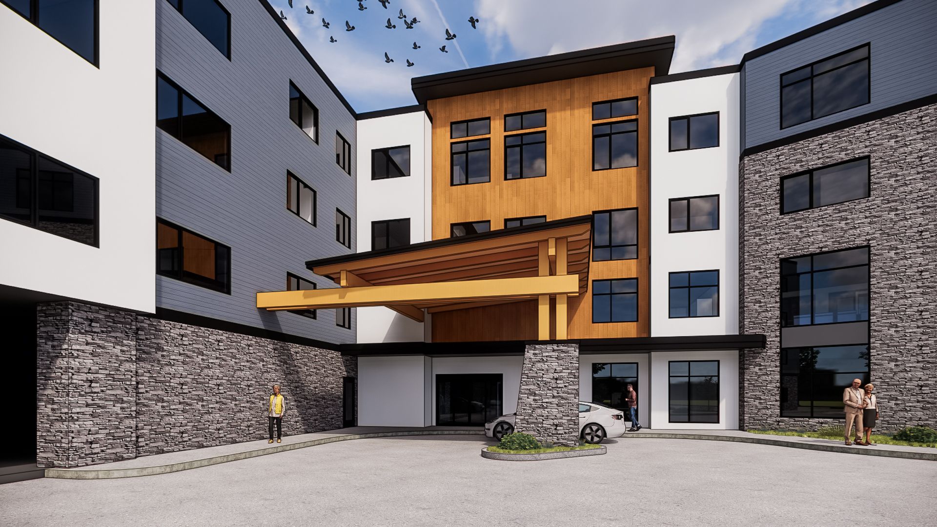 an artist 's impression of a large apartment building with a car parked in front of it .