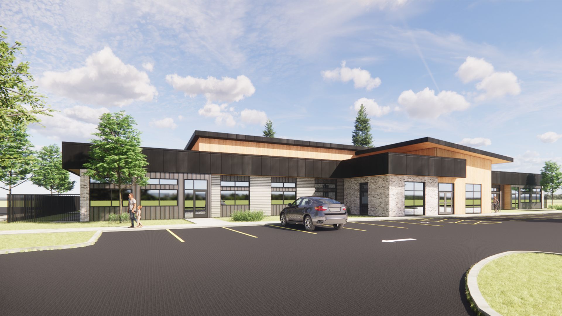 an artist 's impression of a building with a car parked in front of it .