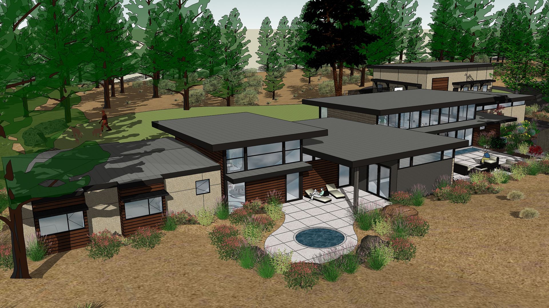 an aerial view of a house in the middle of a forest