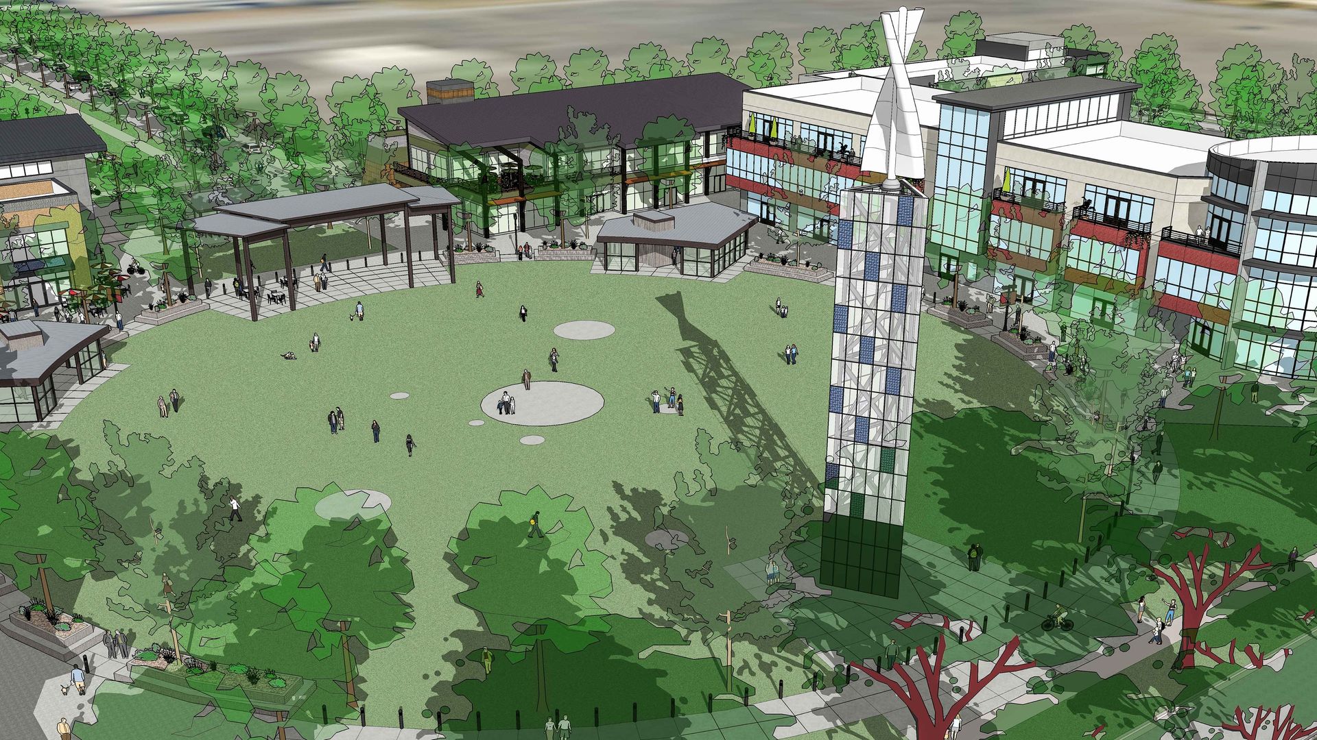 a drawing of a park with a tower in the middle