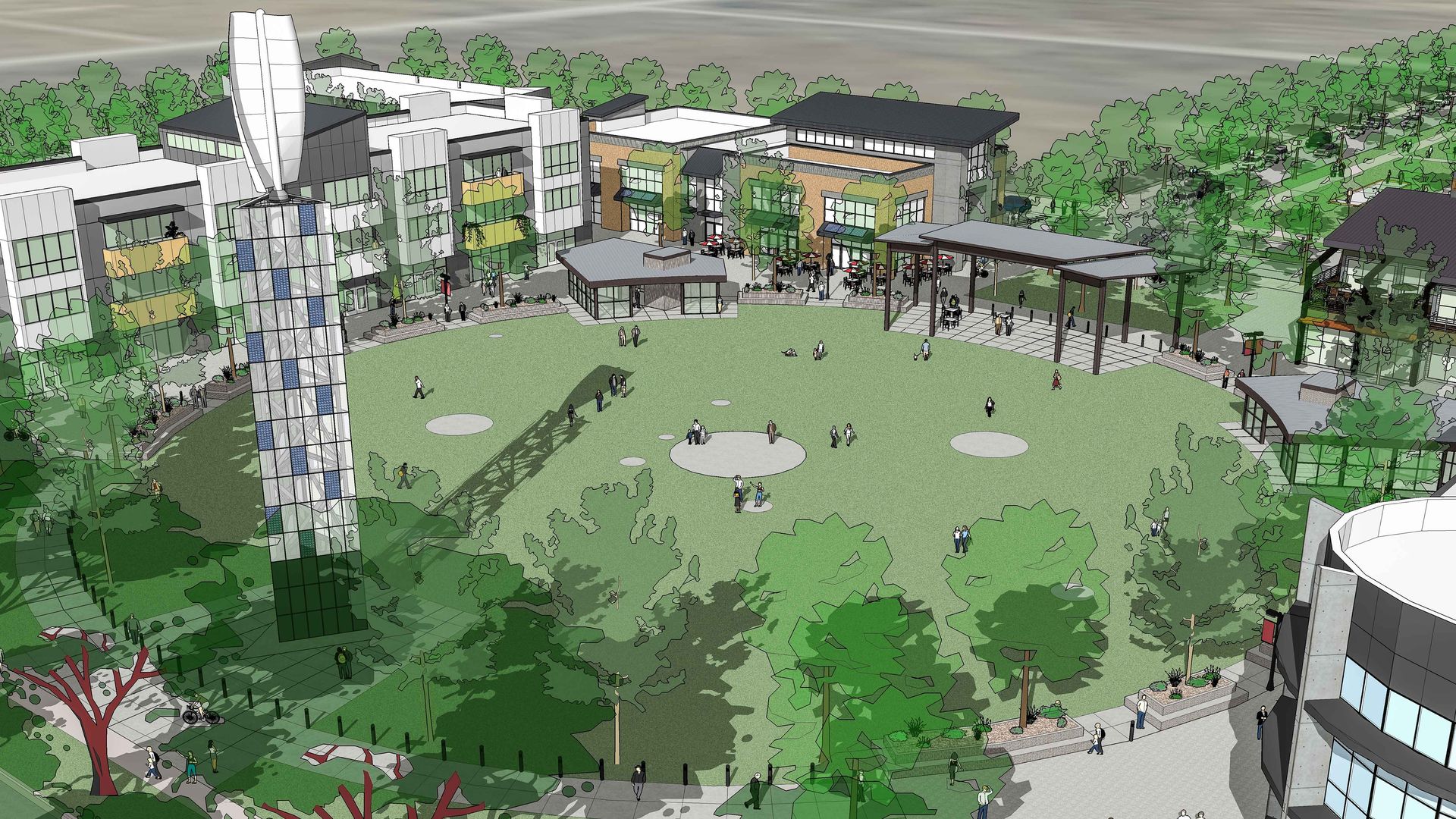 an artist 's impression of a park with buildings and trees