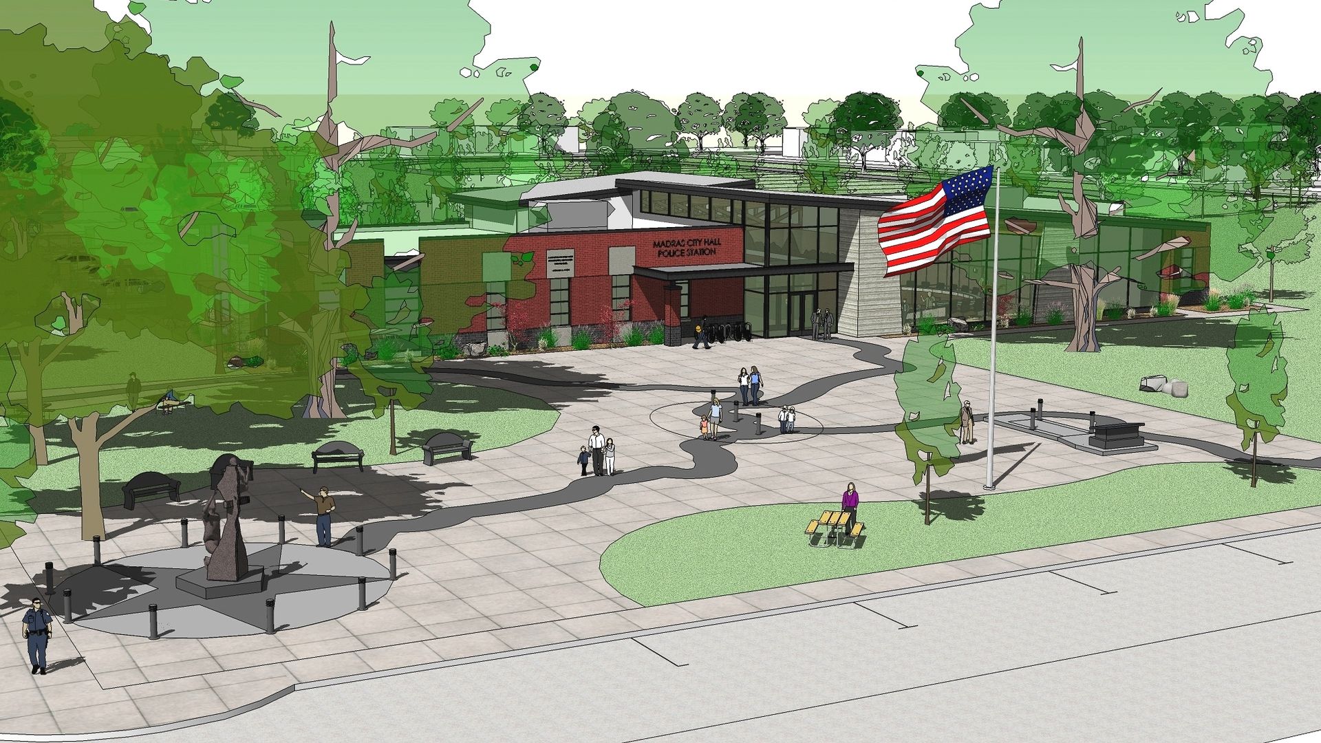 a drawing of a police building with a flag in front of it