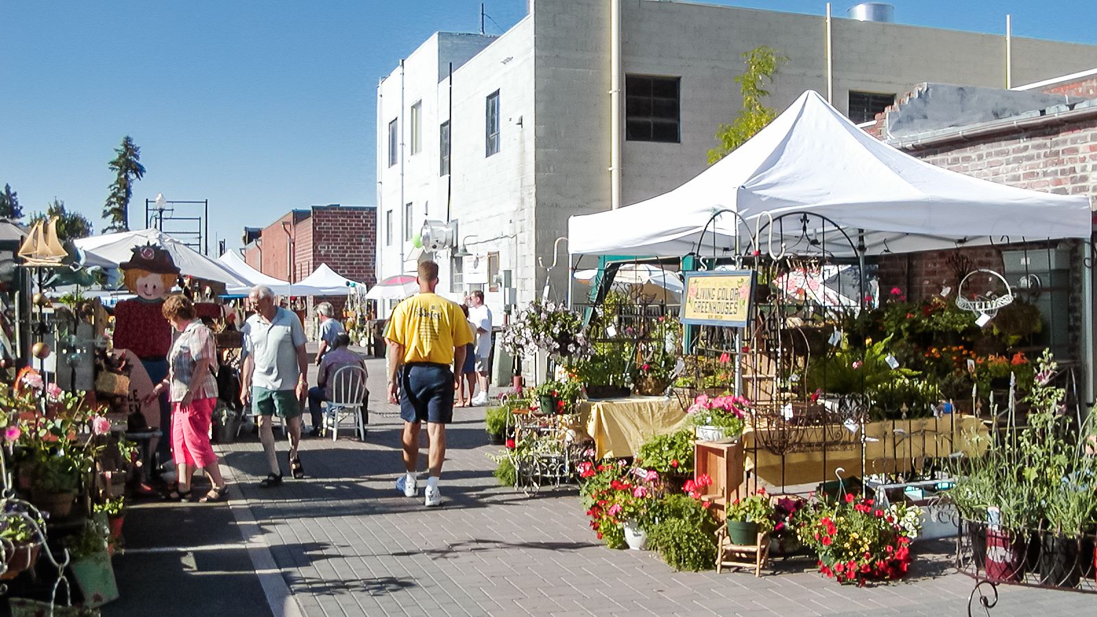 a man in a yellow shirt is walking down a street