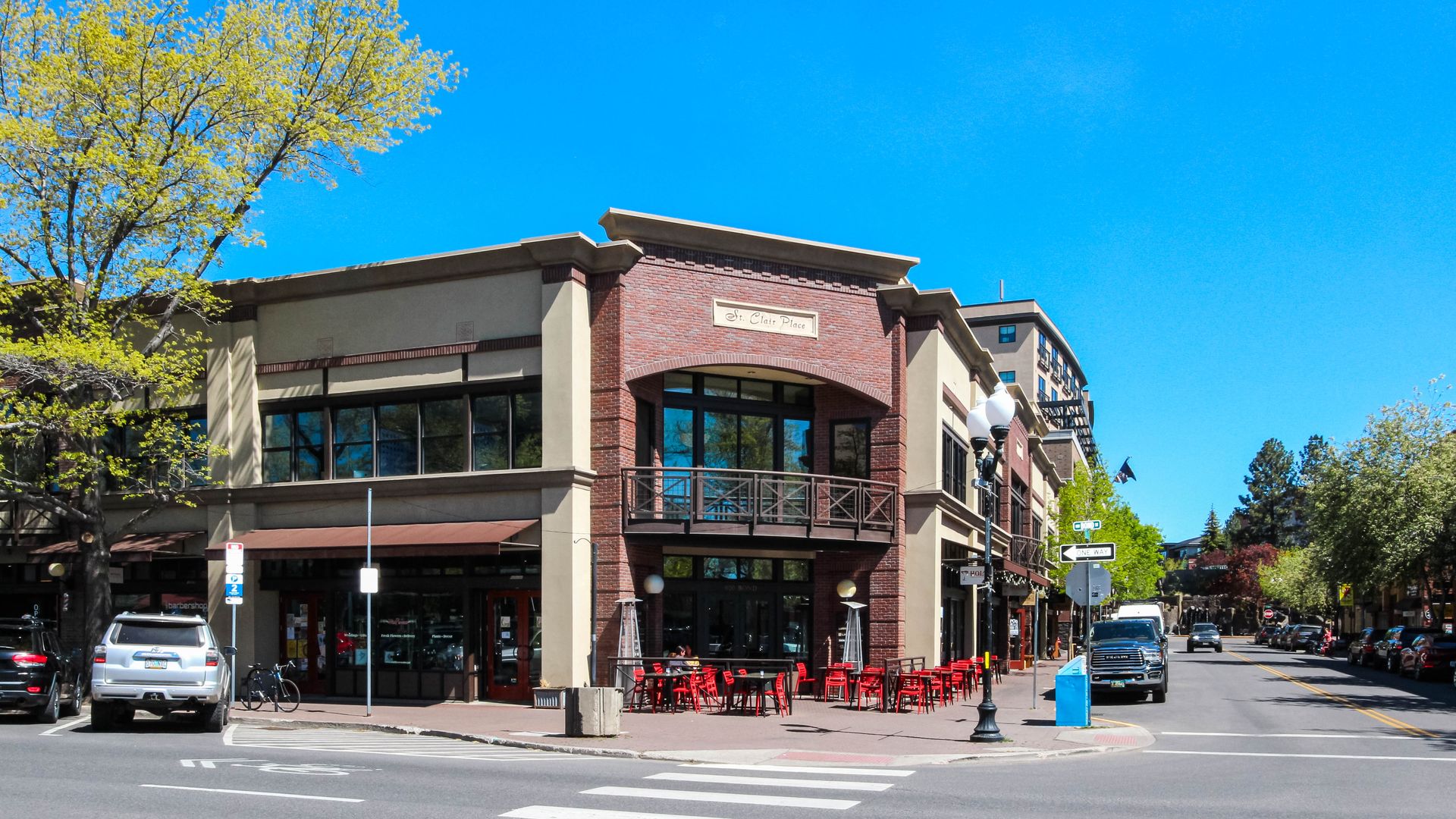 a building with a sign that says ' downtown ' on it