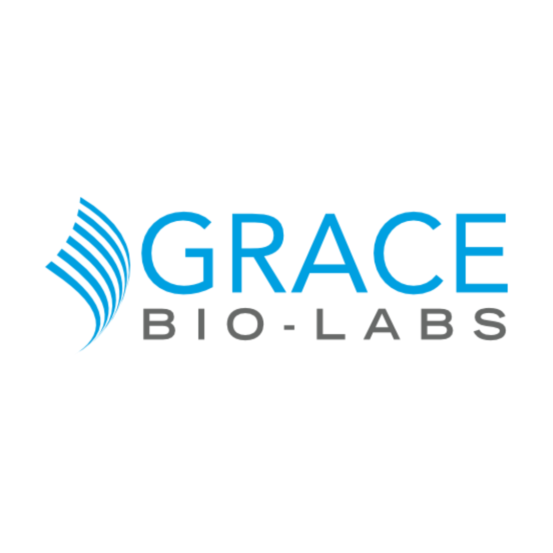 The logo for grace bio labs is blue and white.