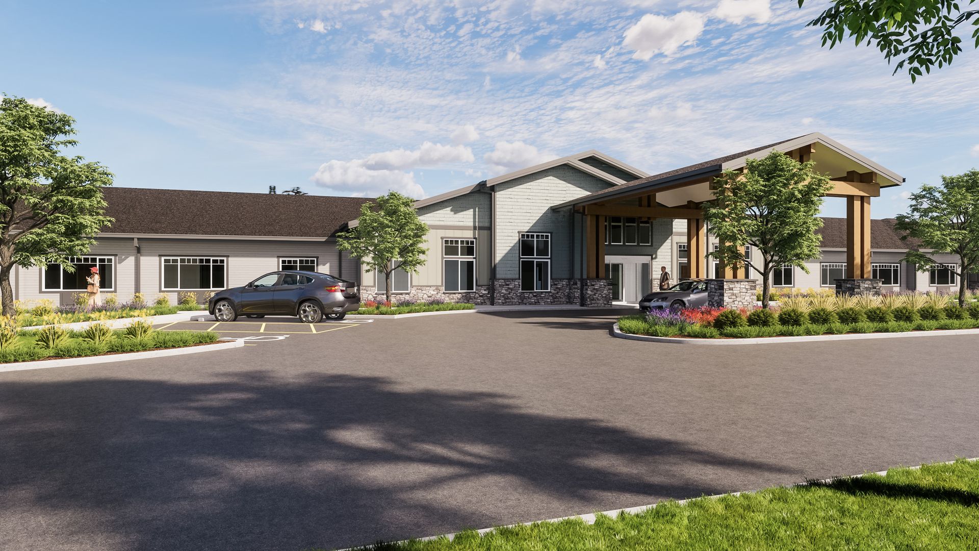 an artist 's impression of a large building with a car parked in front of it .