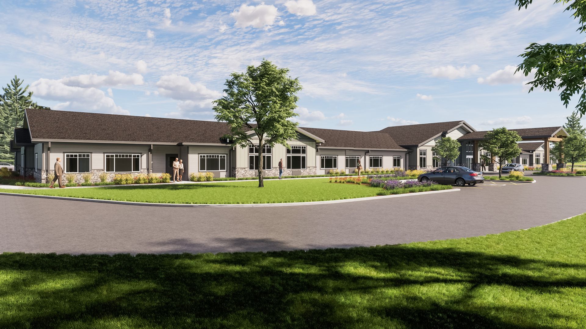 an artist 's impression of a large building with a car parked in front of it .