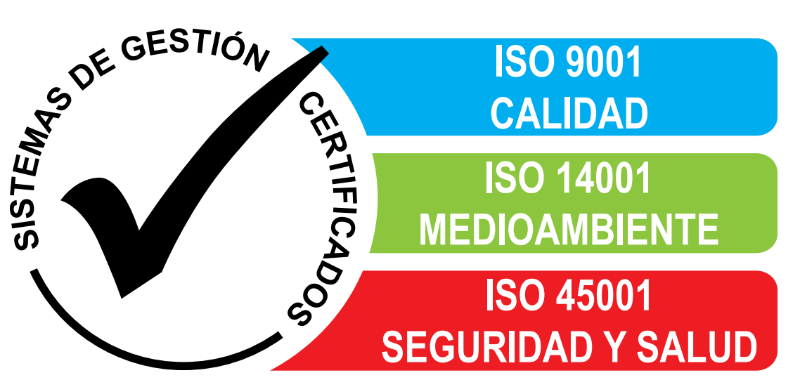 Logotipo con una marca de certificación e indicaciones ISO 9001, ISO 14001 e ISO 45001 en azul, verde y rojo