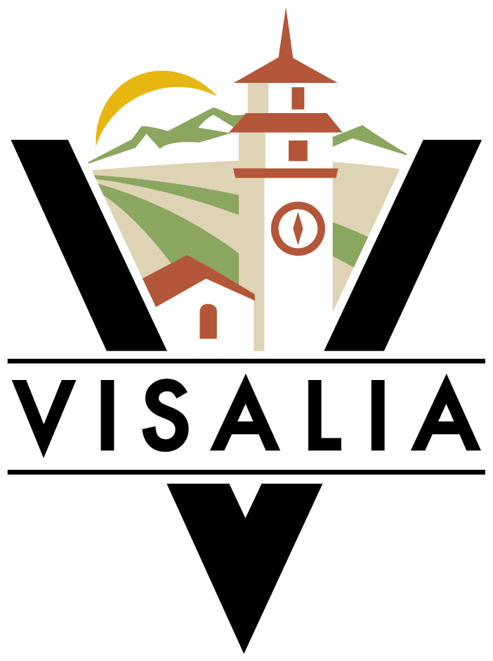 Visalia logo: white tower and small building in a valley, framed by a black 