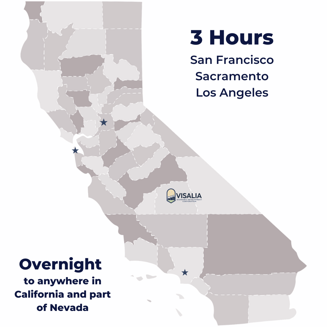 Map of California highlighting areas, with text indicating 3-hour and overnight delivery zones.