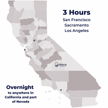 Map of California highlighting areas, with text indicating 3-hour and overnight delivery zones.