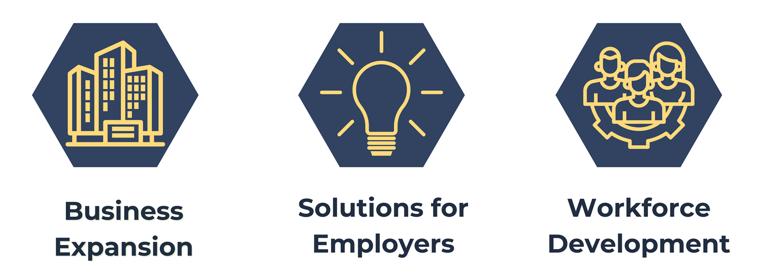 Icons for business expansion, solutions for employers, and workforce development.