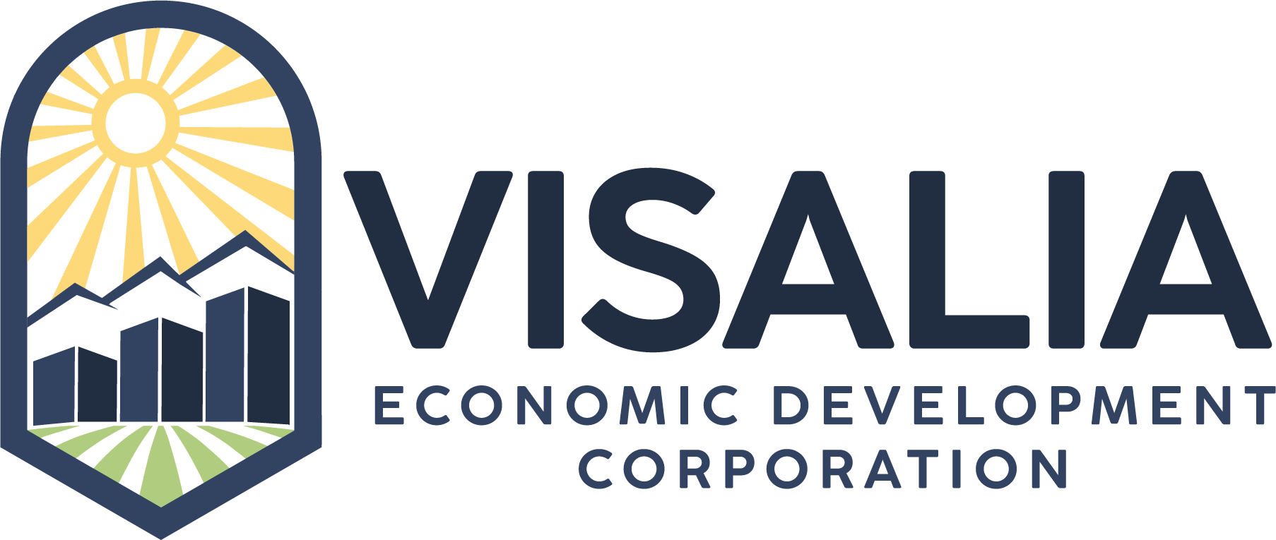 Logo of Visalia Economic Development Corporation: sun, mountains, and buildings in a blue arched frame; text 