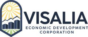 Logo of Visalia Economic Development Corporation: sun, mountains, and buildings in a blue arched frame; text 