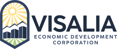 Logo of Visalia Economic Development Corporation: sun, mountains, and buildings in a blue arched frame; text 