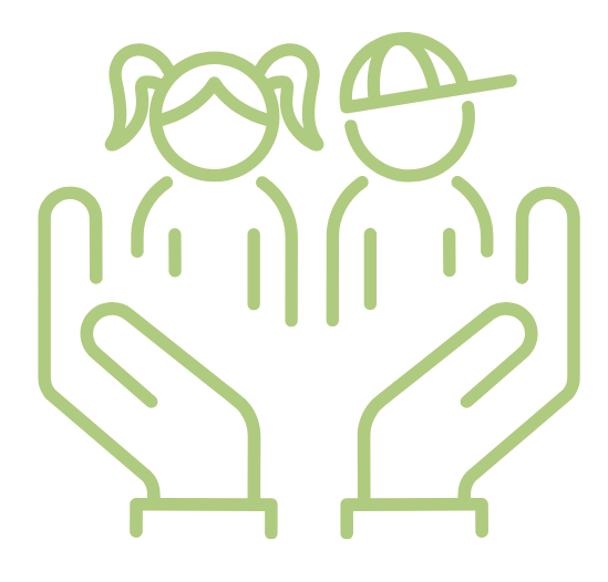 Hands cupping two children: a girl with pigtails and a boy with a cap. Light green outline.