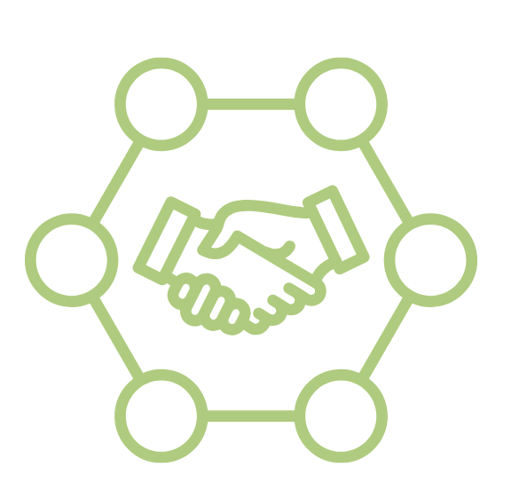 Green outline of two hands shaking, inside a hexagonal network.