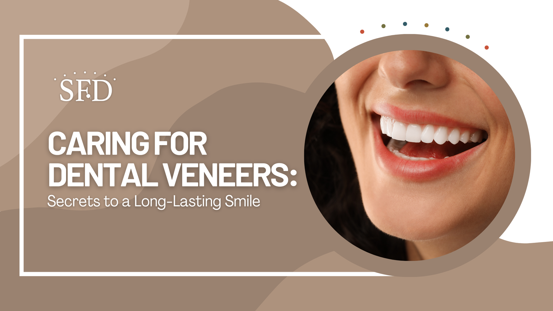Sed banner for Caringfor Dental Veneers with a smiling mouth on a beige background