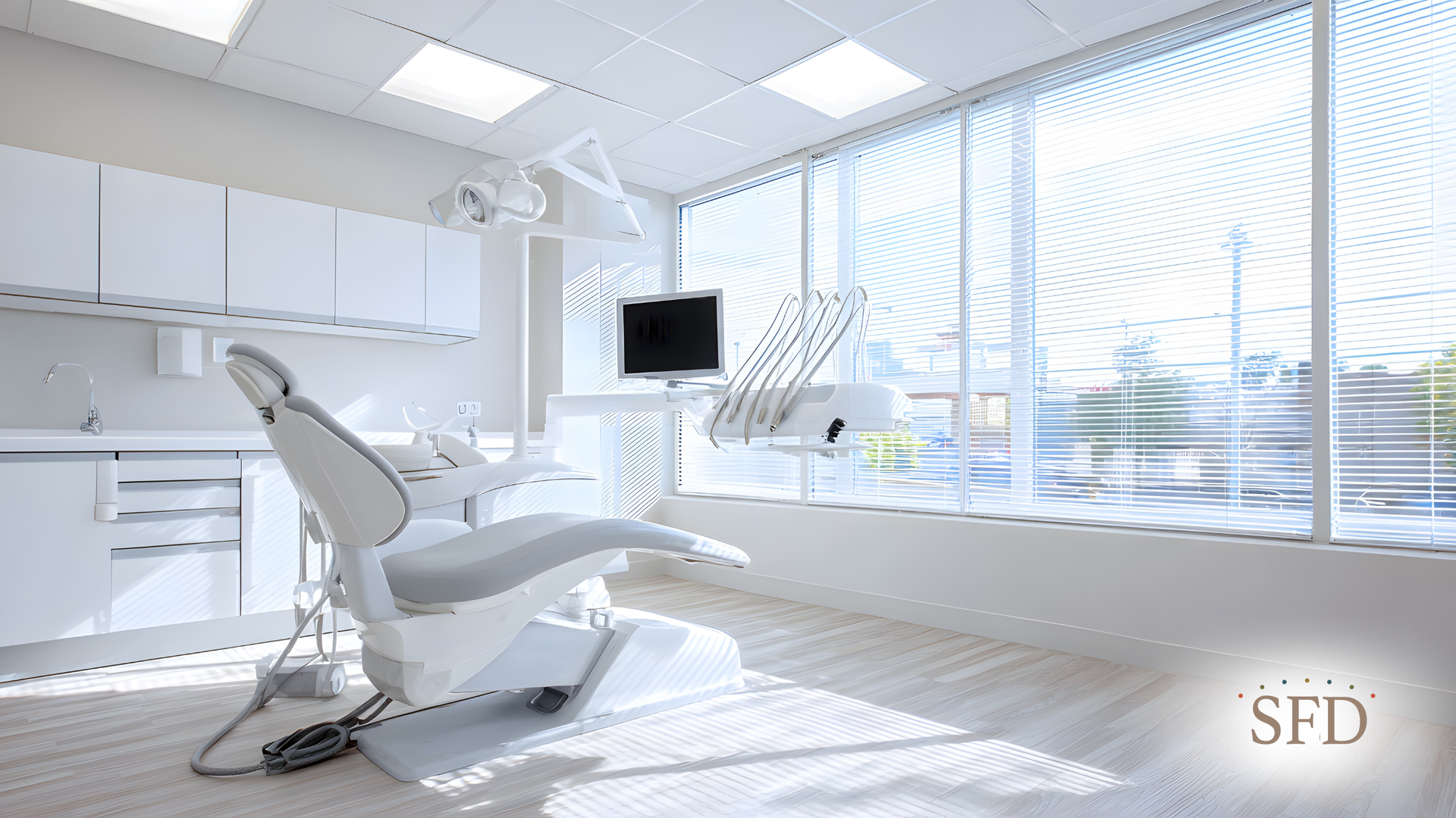 Modern white dental office, dental chair, window, equipment, cabinets.