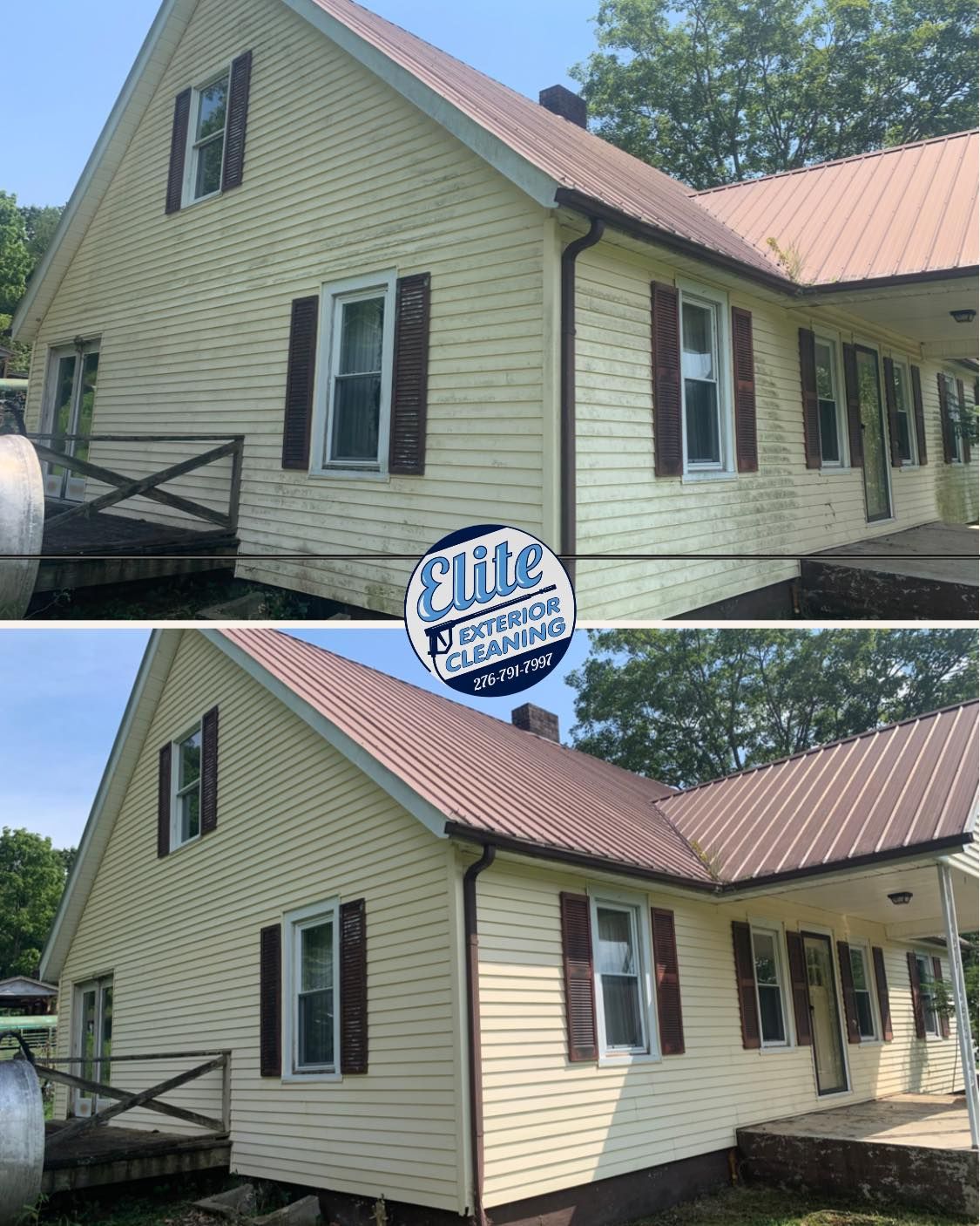 A before and after picture of a house with a metal roof.