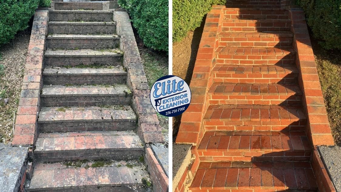 A before and after photo of a brick walkway and stairs.