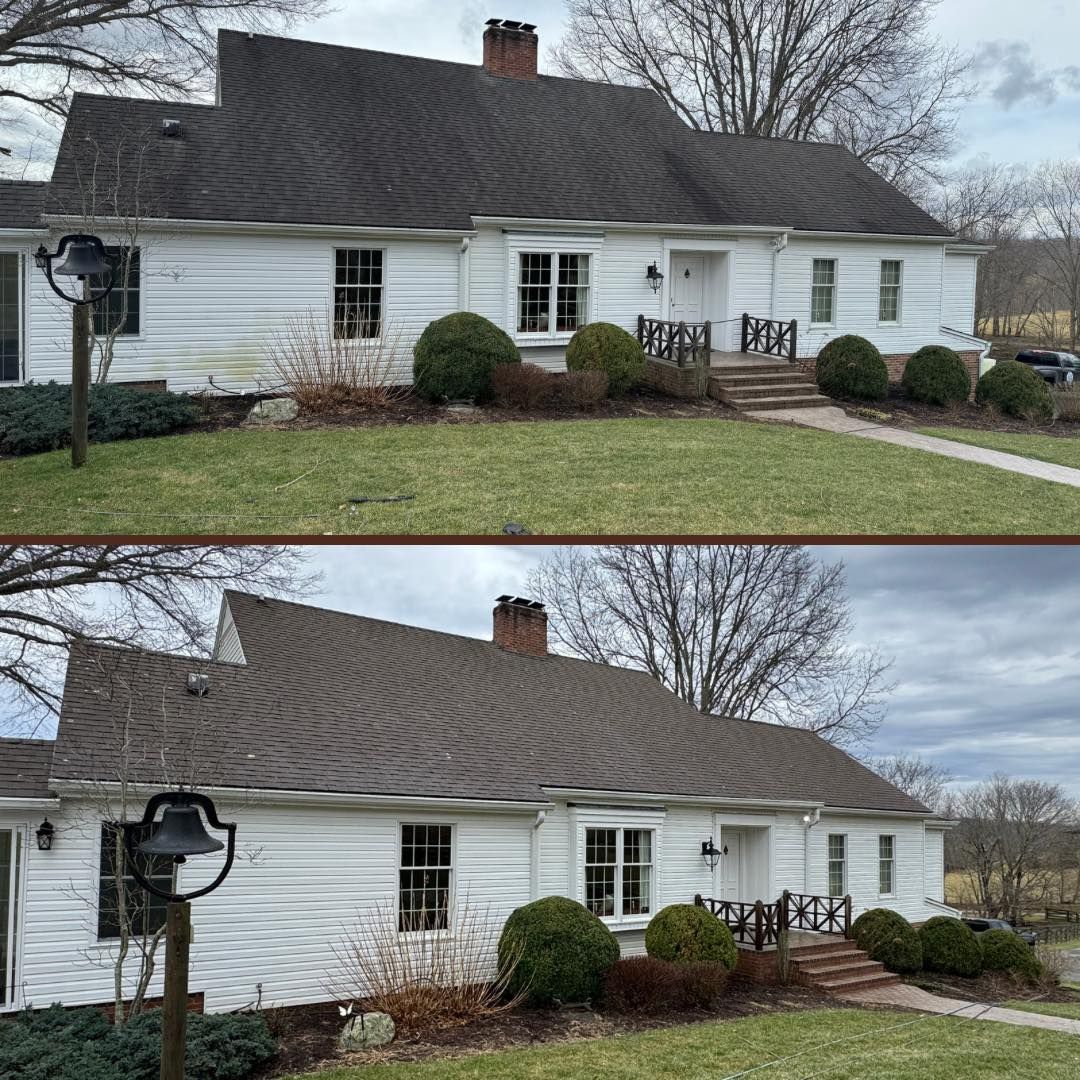 A before and after picture of a white house with a brown roof.