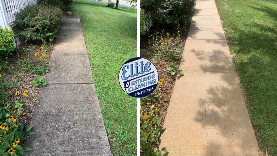 A before and after picture of a sidewalk that has been cleaned.