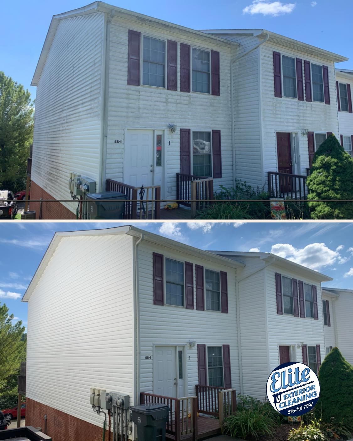 A before and after picture of a white house with red shutters.