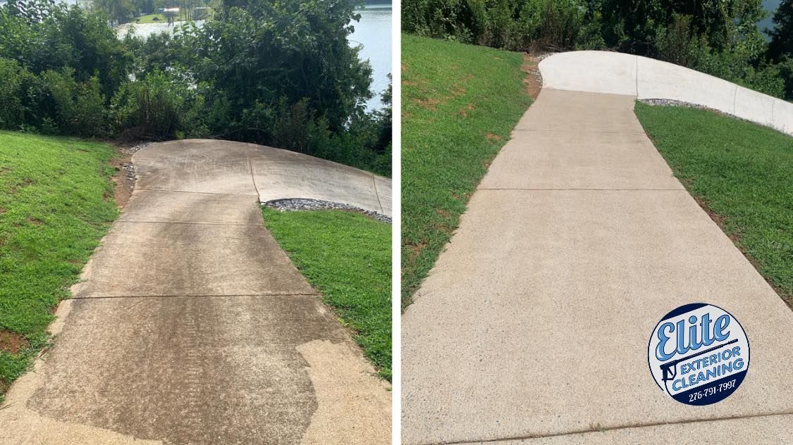 A before and after photo of a concrete walkway.