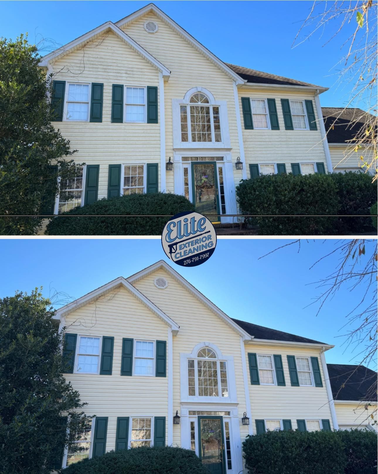 A before and after picture of a house with green shutters.