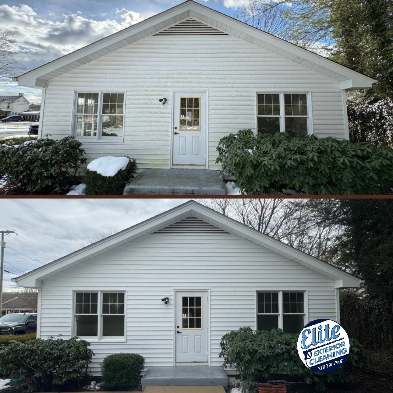 A before and after picture of a white house.