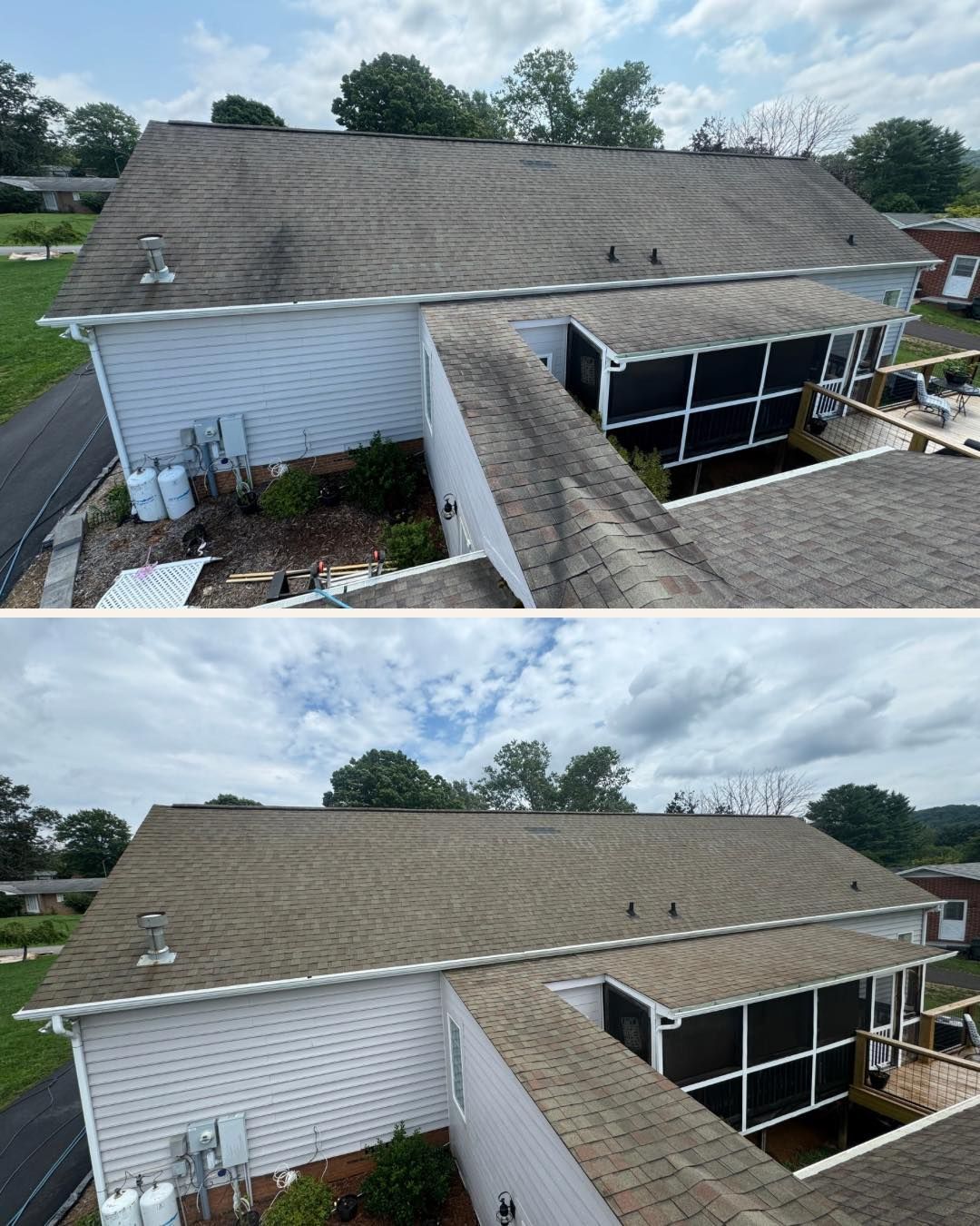 A before and after picture of a house 's roof.