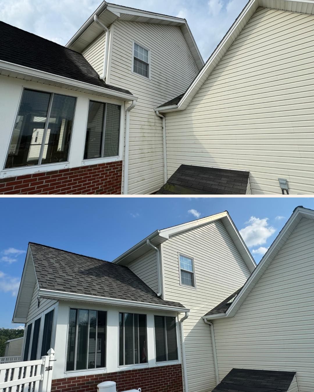 A before and after picture of a house with a black roof.