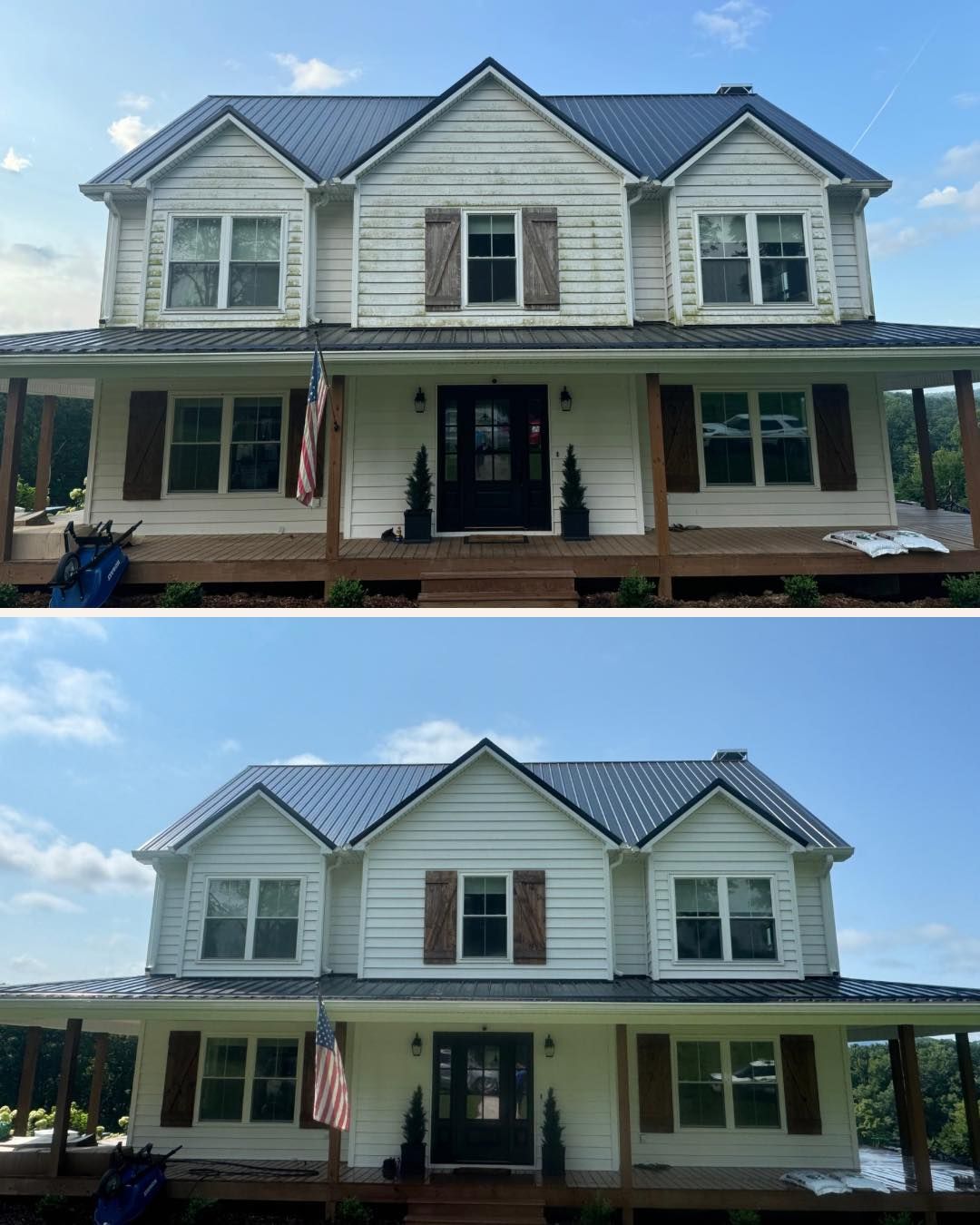 A before and after picture of a white house with a black roof.
