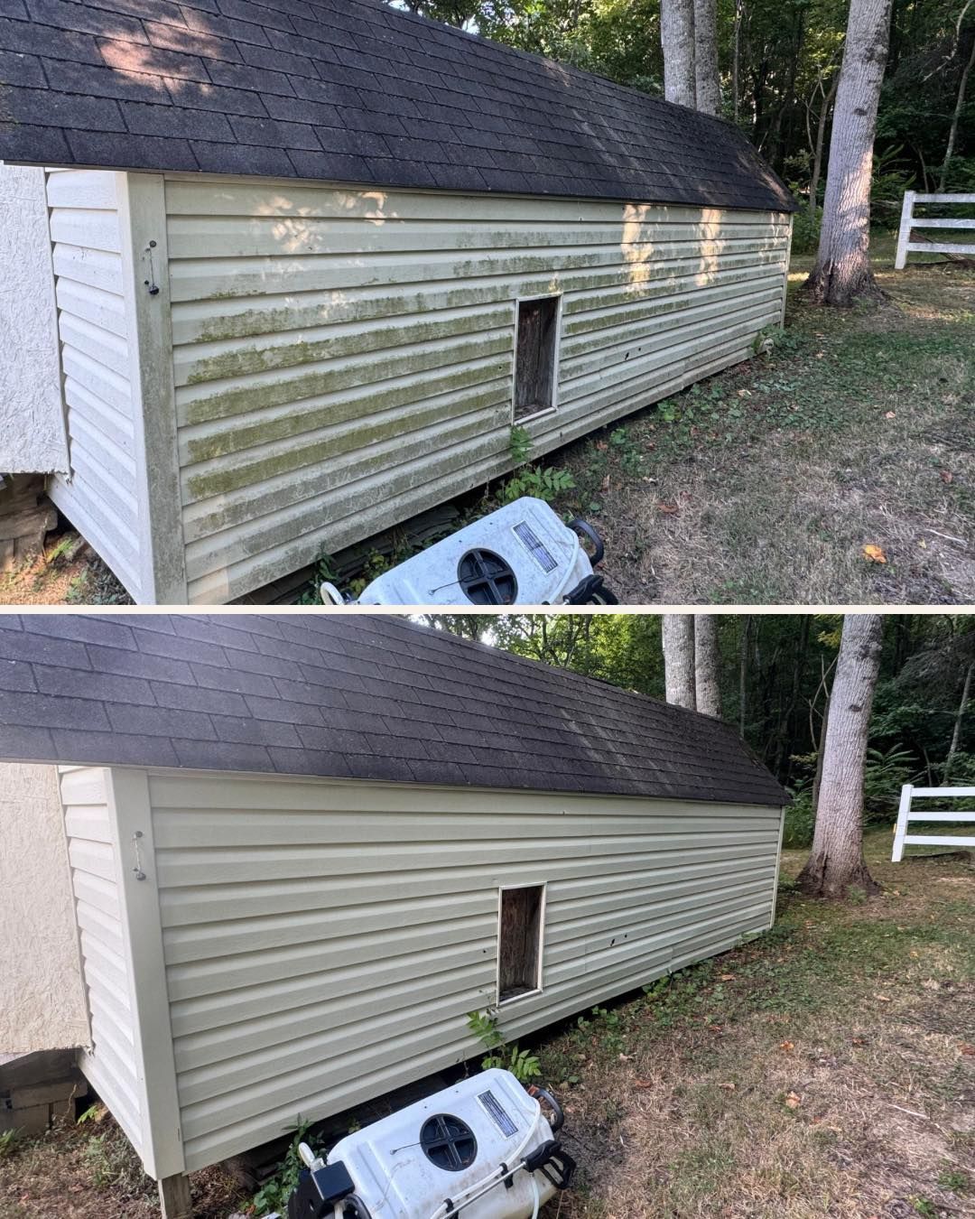 A before and after picture of a house with a roof that has been cleaned.