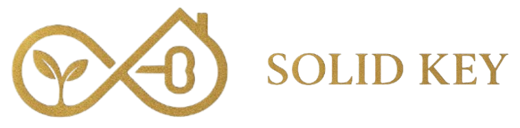 Gold logo with an infinity symbol featuring a plant, a key, and a house outline, with