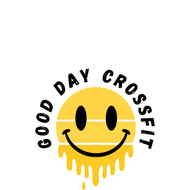 Yellow smiling face logo with dripping effect and curved text “GOOD DAY CROSSFIT” above it