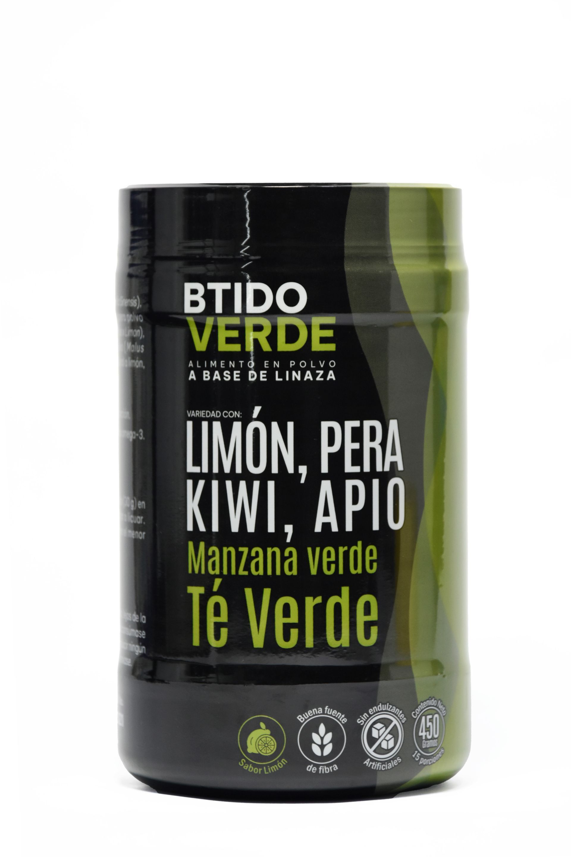 Un frasco cilíndrico de polvo de suplemento "Batido Verde" con etiquetas para limón, pera, kiwi, apio, manzana verde y té verde.