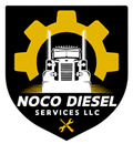 Logo for Noco Diesel Services LLC: black shield with a gold gear behind a white truck, and text below.