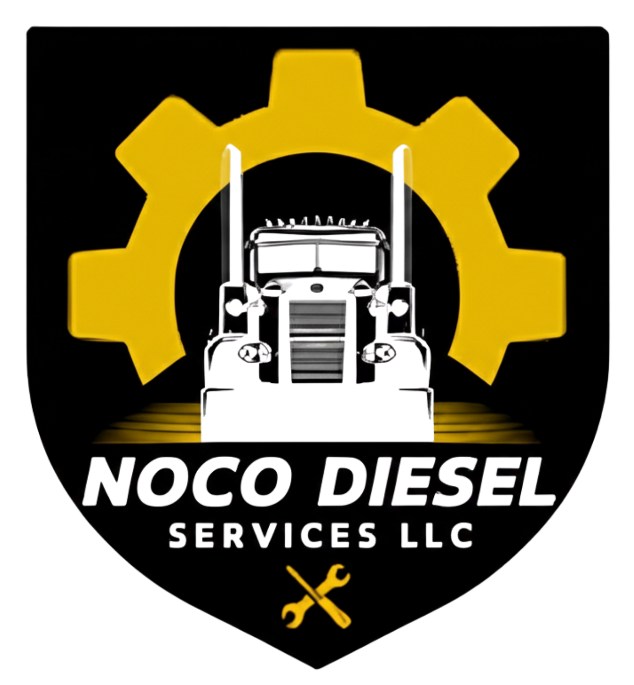 Logo for Noco Diesel Services LLC: black shield with a gold gear behind a white truck, and text below.