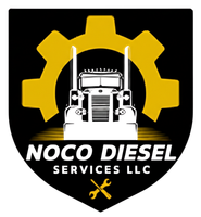 Logo for Noco Diesel Services LLC: black shield with a gold gear behind a white truck, and text below.