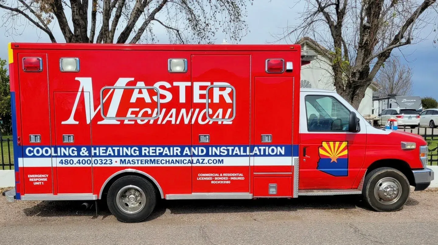 a red ambulance for master mechanical cooling and heating repair and installation