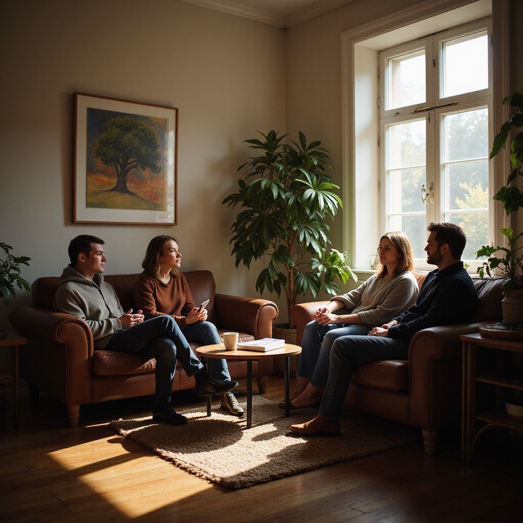 A family sitting on two couches in a living room