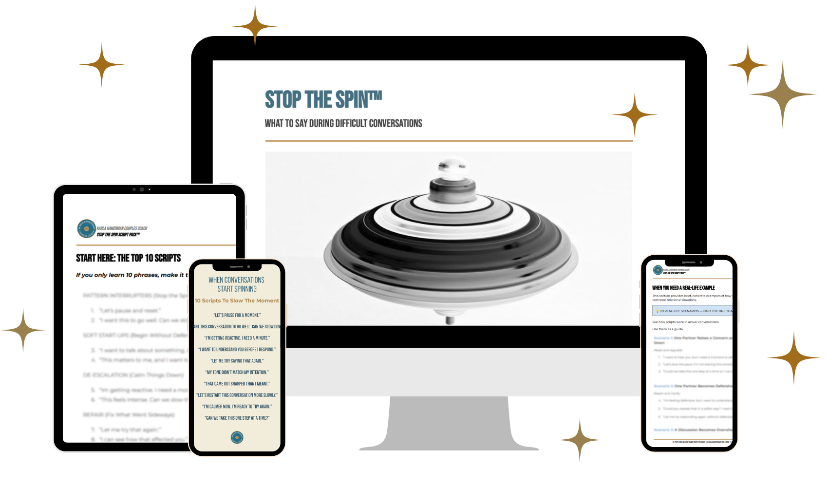 Stop the Spin Script Kit communication resource for couples featuring conversation prompts and relationship tools