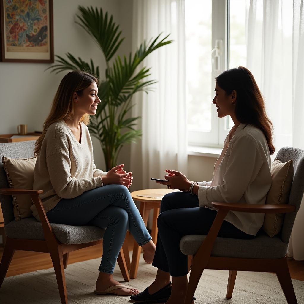 Two women in armchairs talking in a bright room; one appears to be a therapist.