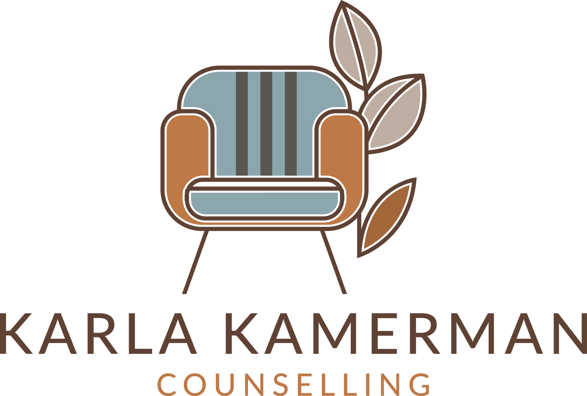 Logo: Brown and blue armchair with leaves, 