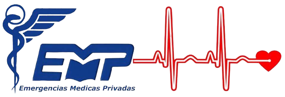 Logotipo azul de EMP Emergencias Médicas Privadas con una línea roja de frecuencia cardíaca e icono de corazón.